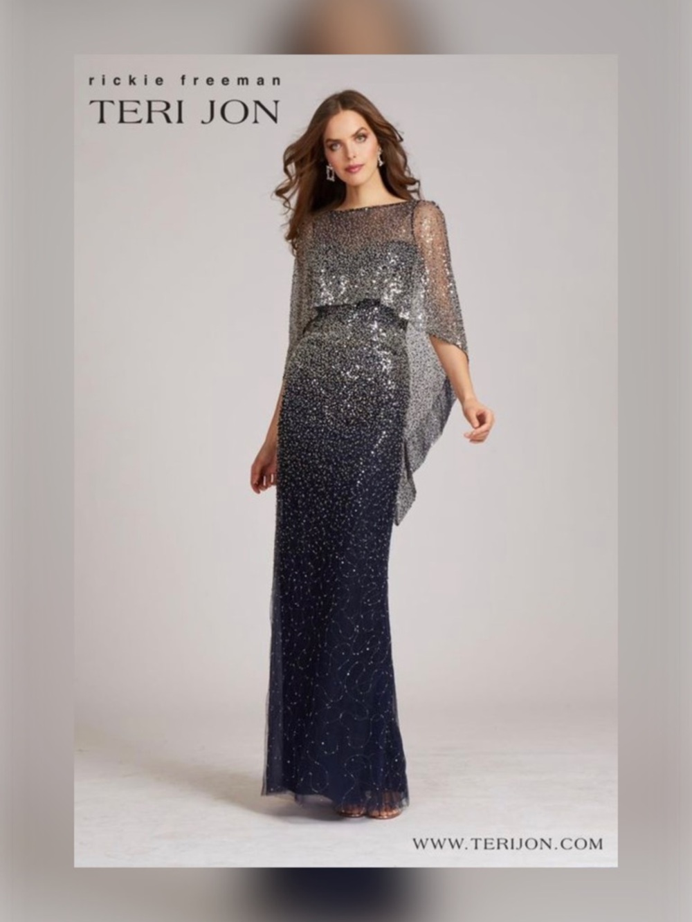 TERI JON by Rickie Freeman Sequin and Beaded Cape Gown